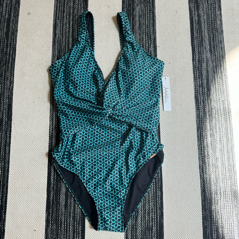 Nicole Miller New York Womens One Piece Twist Front Plunge in Green Tile Size 1x